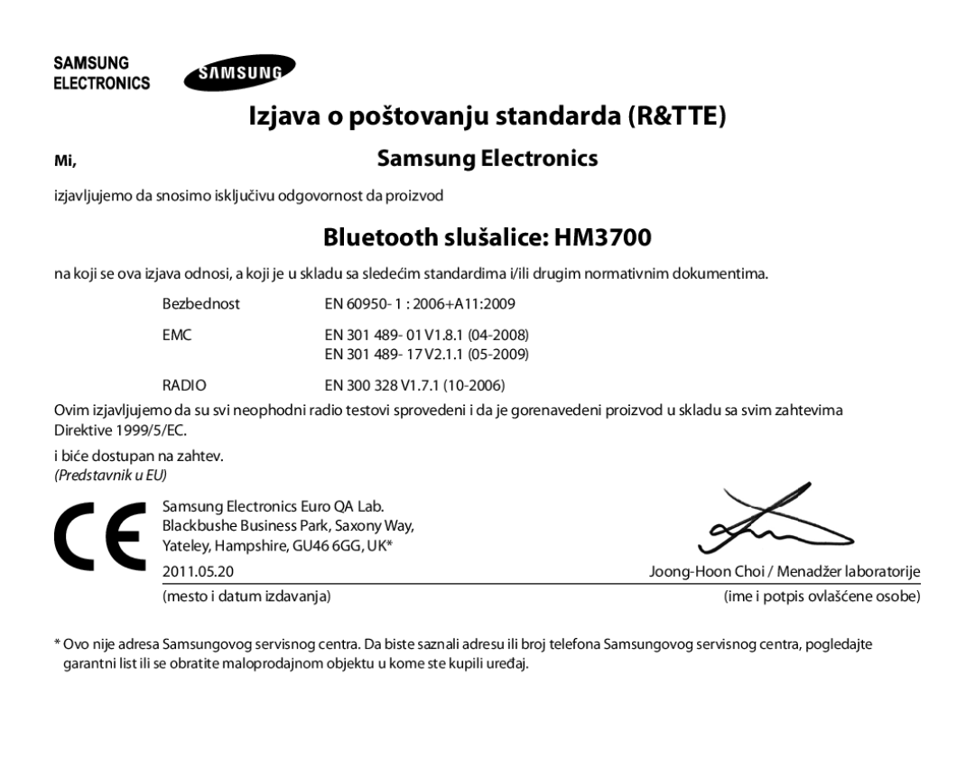 Samsung BHM3700EDRCSER, BHM3700EDEGXEF, BHM3700EDECXEF manual Bluetooth slušalice HM3700, Izjava o poštovanju standarda R&TTE 