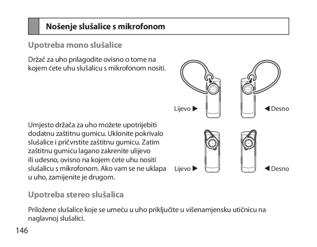 Samsung BHM3700EDEGXEH manual Nošenje slušalice s mikrofonom, Upotreba mono slušalice, Upotreba stereo slušalica, 146 