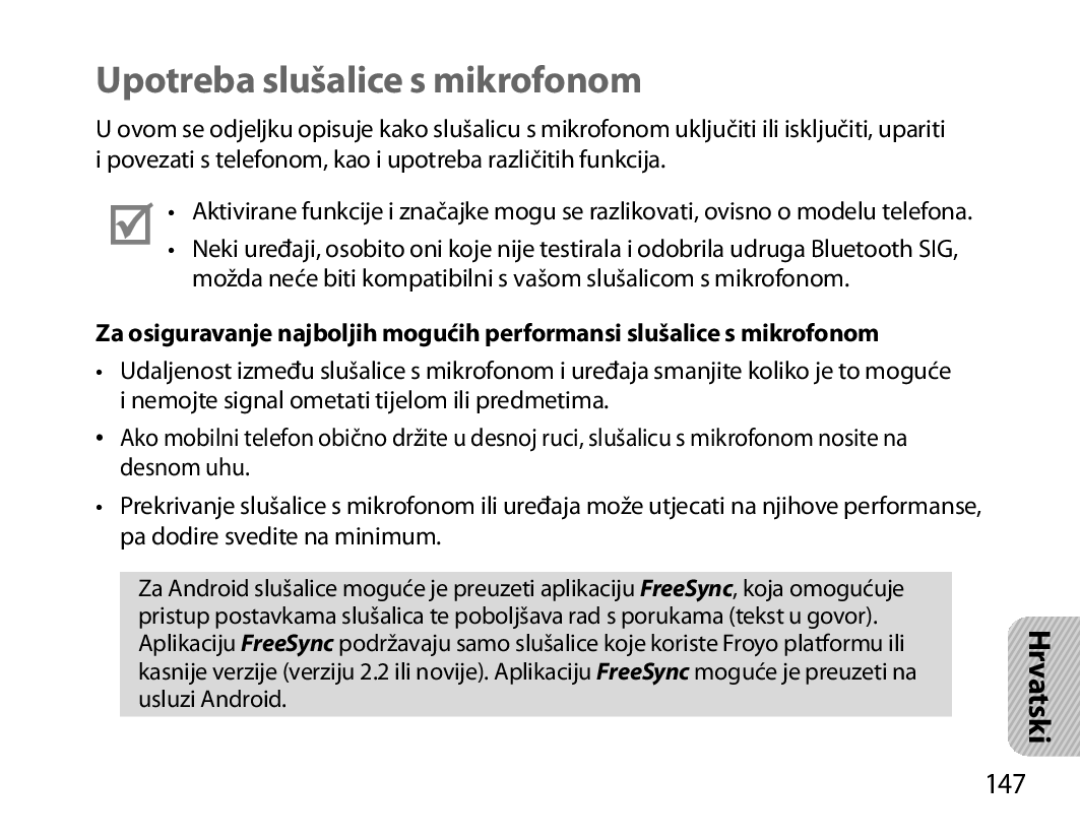 Samsung BHM3700EDRCSER, BHM3700EDEGXEF, BHM3700EDECXEF, BHM3700EDECXEH, BHM3700EDEGXEH Upotreba slušalice s mikrofonom, 147 