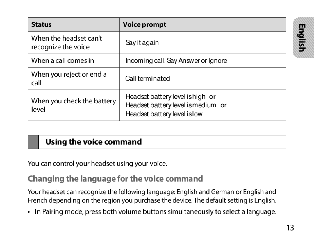 Samsung BHM3700EDEGXEF, BHM3700EDECXEF, BHM3700EDECXEH Using the voice command, Changing the language for the voice command 