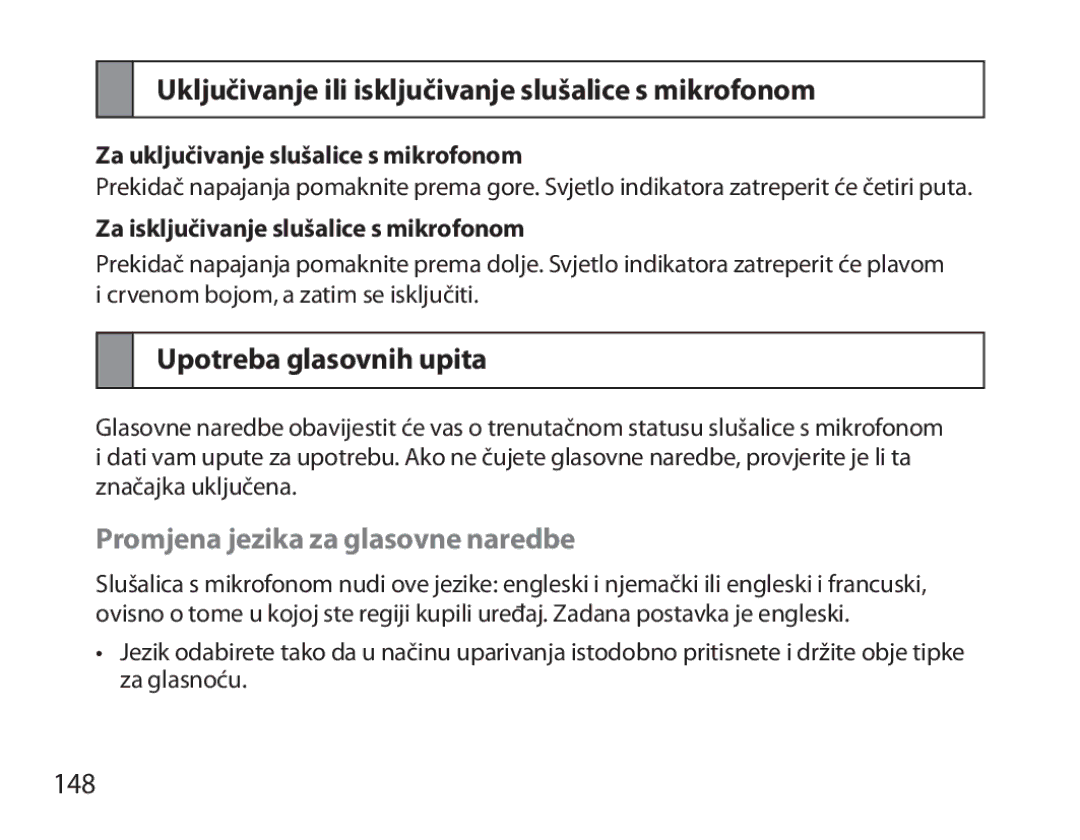 Samsung BHM3700EDEGXEF manual Uključivanje ili isključivanje slušalice s mikrofonom, Upotreba glasovnih upita, 148 