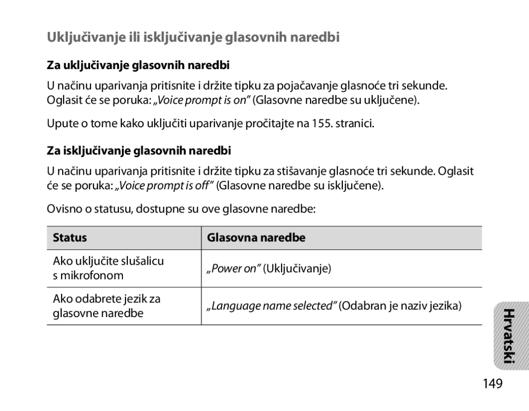 Samsung BHM3700EDECXEF manual Uključivanje ili isključivanje glasovnih naredbi, 149, Za uključivanje glasovnih naredbi 