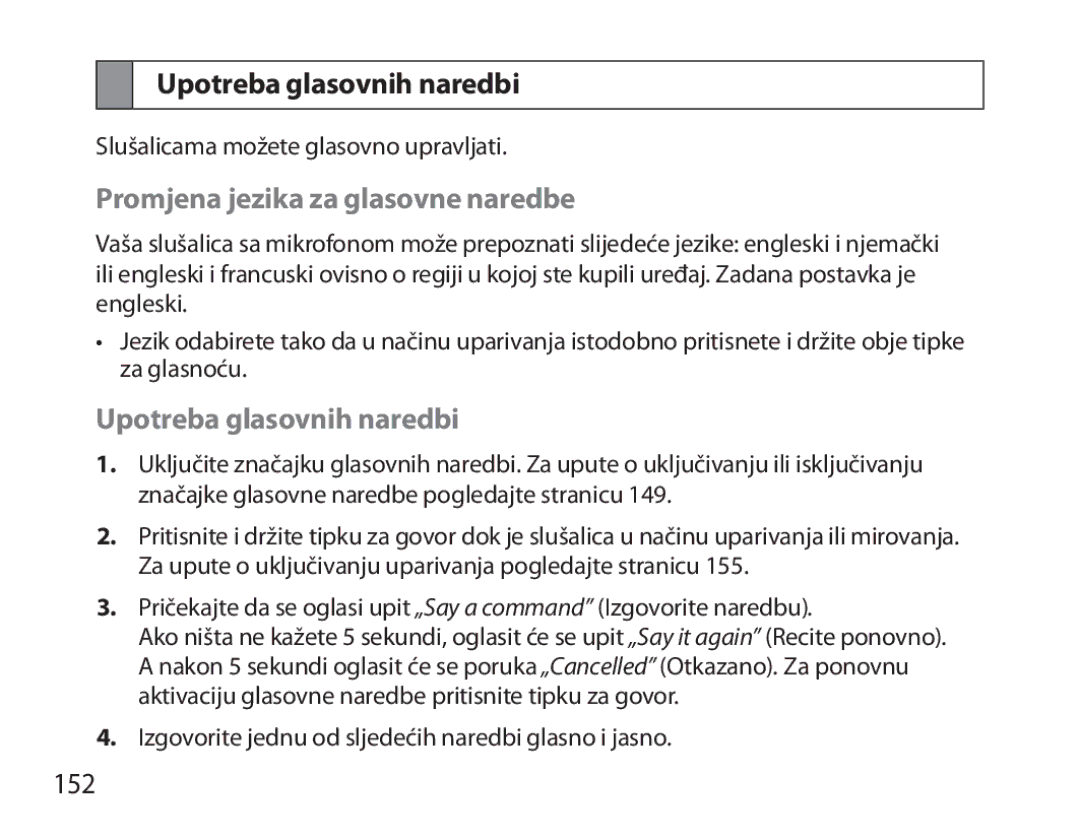 Samsung BHM3700EDRCSER, BHM3700EDEGXEF, BHM3700EDECXEF, BHM3700EDECXEH, BHM3700EDEGXEH manual Upotreba glasovnih naredbi, 152 