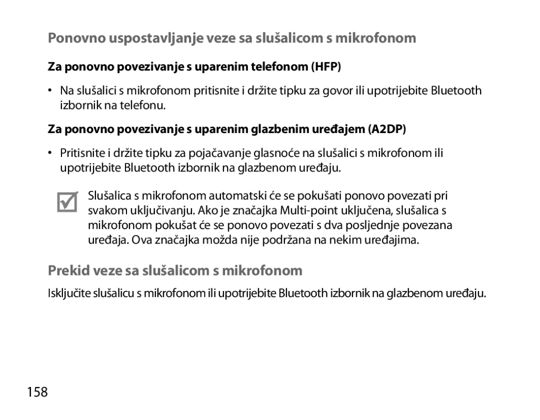 Samsung BHM3700EDEGXEF Ponovno uspostavljanje veze sa slušalicom s mikrofonom, Prekid veze sa slušalicom s mikrofonom, 158 