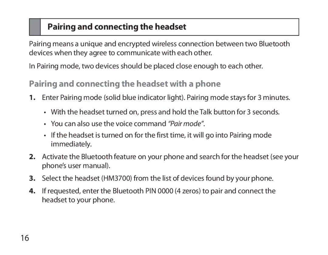 Samsung BHM3700EDEGXEH, BHM3700EDEGXEF, BHM3700EDECXEF, BHM3700EDECXEH Pairing and connecting the headset with a phone 