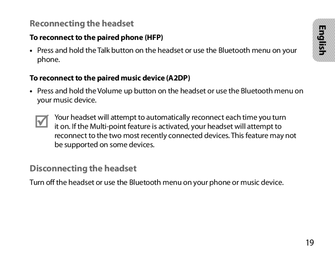 Samsung BHM3700EDECXEF manual Reconnecting the headset, Disconnecting the headset, To reconnect to the paired phone HFP 