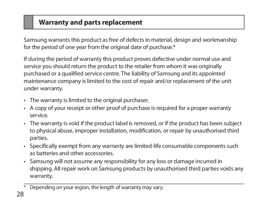 Samsung BHM3700EDEGXEF, BHM3700EDECXEF, BHM3700EDECXEH, BHM3700EDEGXEH, BHM3700EDRCSER manual Warranty and parts replacement 