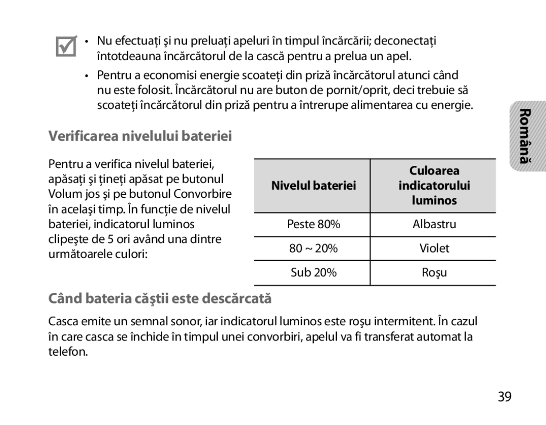 Samsung BHM3700EDECXEF, BHM3700EDEGXEF manual Verificarea nivelului bateriei, Când bateria căştii este descărcată, Violet 