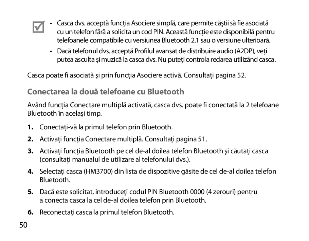 Samsung BHM3700EDECXEH, BHM3700EDEGXEF, BHM3700EDECXEF, BHM3700EDEGXEH manual Conectarea la două telefoane cu Bluetooth 