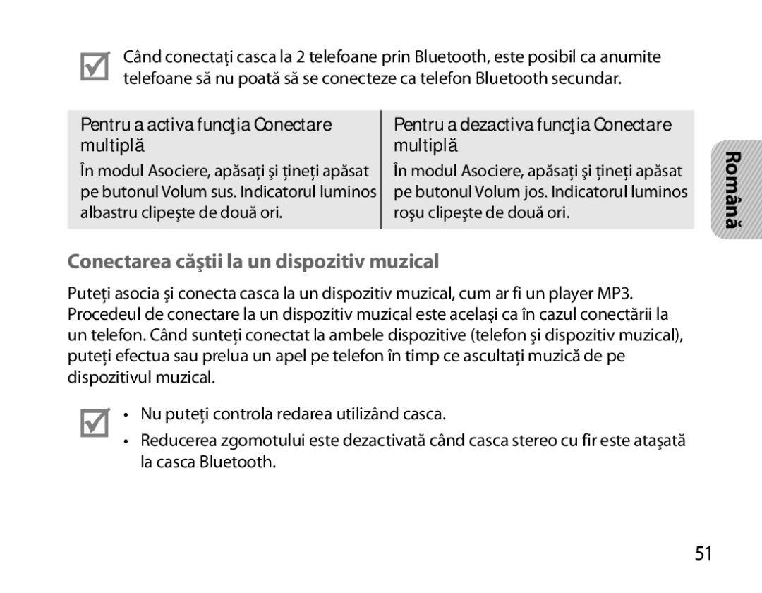 Samsung BHM3700EDEGXEH manual Conectarea căştii la un dispozitiv muzical, Pentru a activa funcţia Conectare multiplă 