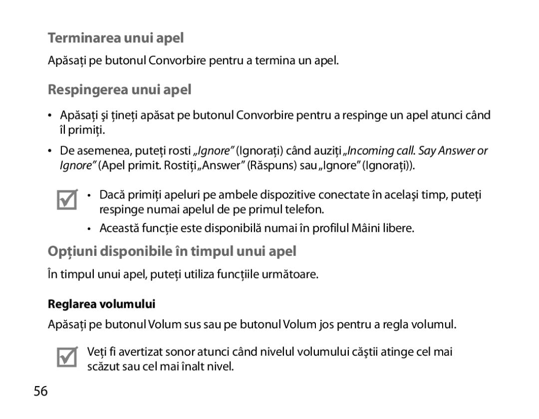 Samsung BHM3700EDEGXEH manual Terminarea unui apel, Respingerea unui apel, Opţiuni disponibile în timpul unui apel 