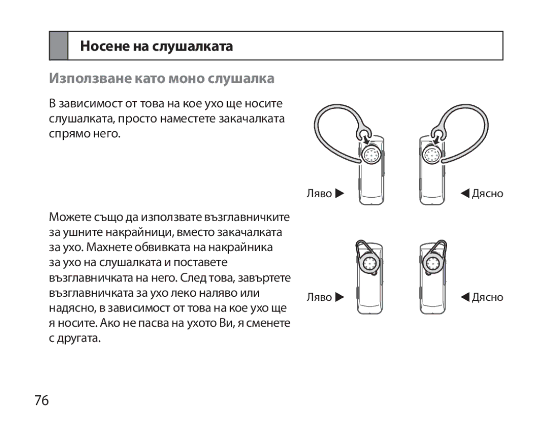 Samsung BHM3700EDEGXEH, BHM3700EDEGXEF, BHM3700EDECXEF, BHM3700EDECXEH Носене на слушалката, Използване като моно слушалка 