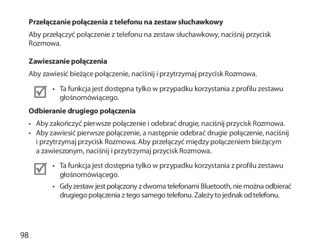 Samsung BHM3700EDEGXEF, BHM3700EDECXEF Przełączanie połączenia z telefonu na zestaw słuchawkowy, Zawieszanie połączenia 