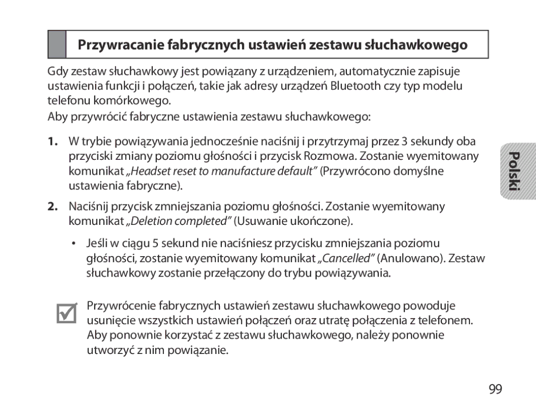 Samsung BHM3700EDECXEF, BHM3700EDEGXEF, BHM3700EDECXEH manual Przywracanie fabrycznych ustawień zestawu słuchawkowego 