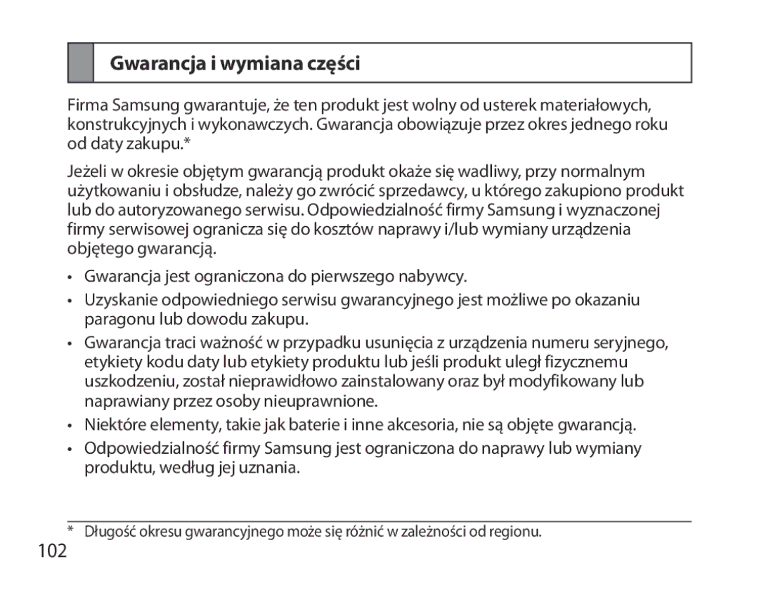 Samsung BHM3700EDRCSER, BHM3700EDEGXEF, BHM3700EDECXEF, BHM3700EDECXEH, BHM3700EDEGXEH manual Gwarancja i wymiana części, 102 