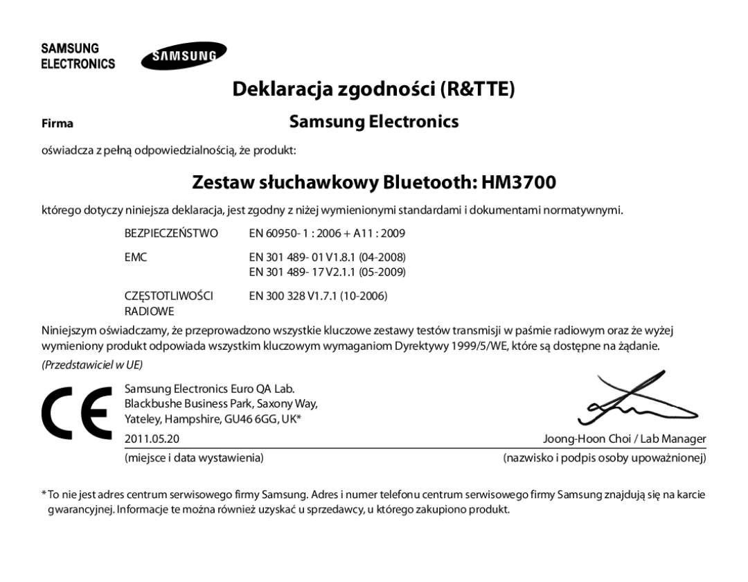 Samsung BHM3700EDRCSER, BHM3700EDEGXEF, BHM3700EDECXEF manual Zestaw słuchawkowy Bluetooth HM3700, Deklaracja zgodności R&TTE 