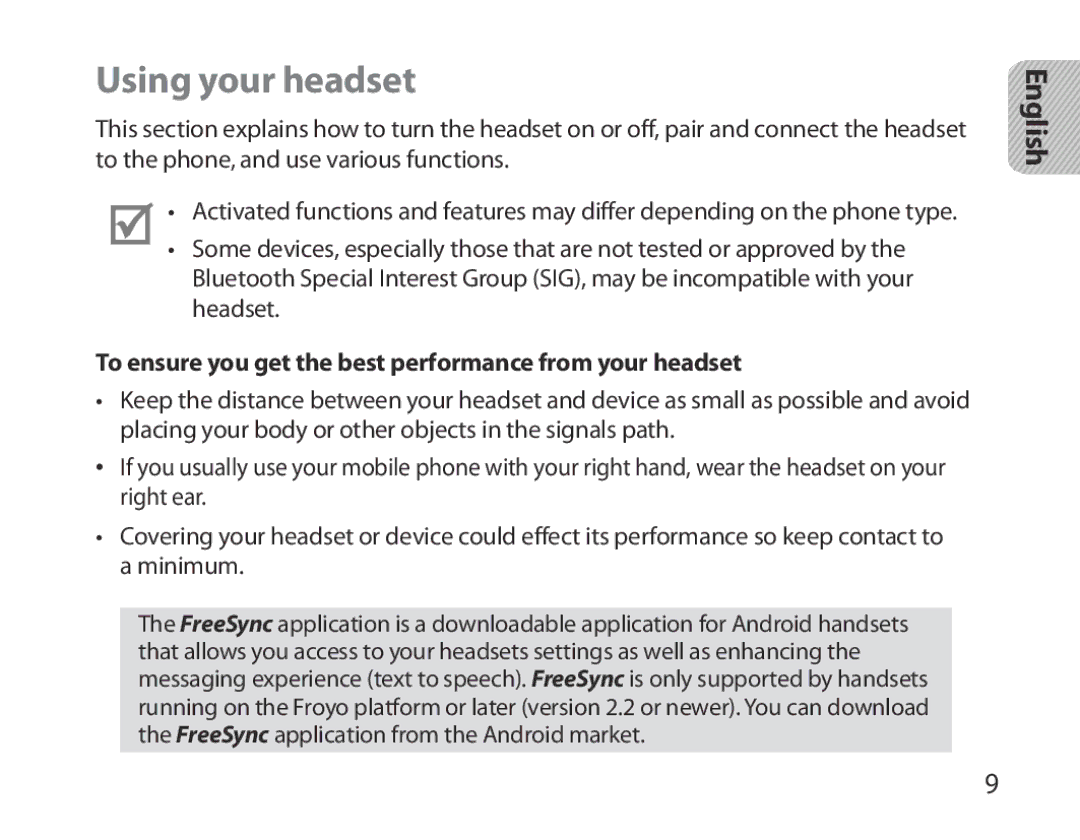 Samsung BHM3700EDECXEF, BHM3700EDEGXEF manual Using your headset, To ensure you get the best performance from your headset 