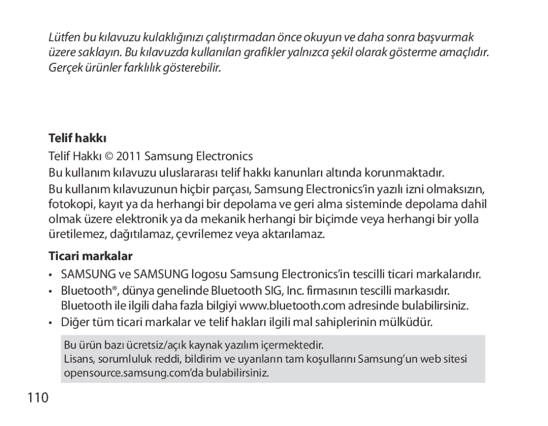 Samsung BHM3700EDECXEH, BHM3700EDEGXEF, BHM3700EDECXEF, BHM3700EDEGXEH, BHM3700EDRCSER manual 110, Telif hakkı, Ticari markalar 