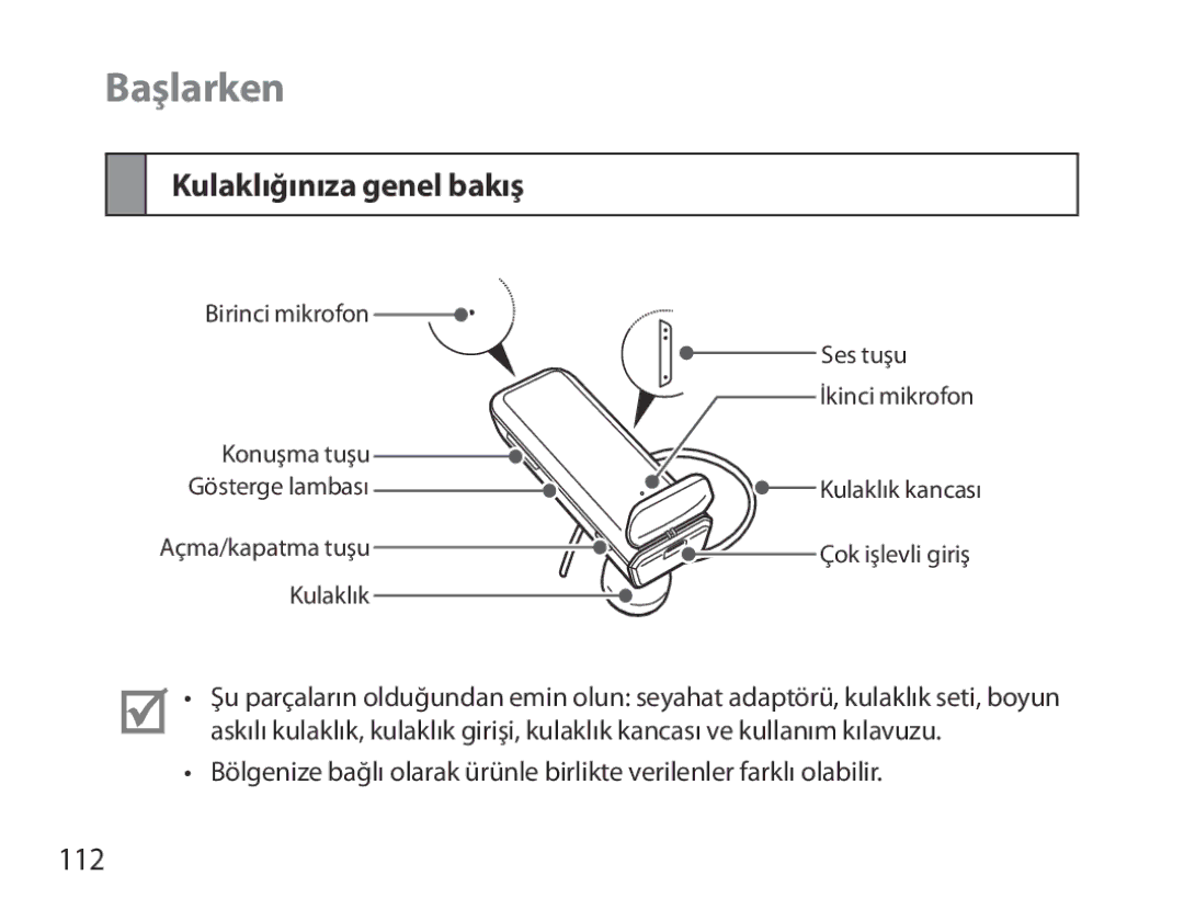 Samsung BHM3700EDRCSER, BHM3700EDEGXEF, BHM3700EDECXEF, BHM3700EDECXEH manual Başlarken, Kulaklığınıza genel bakış, 112 