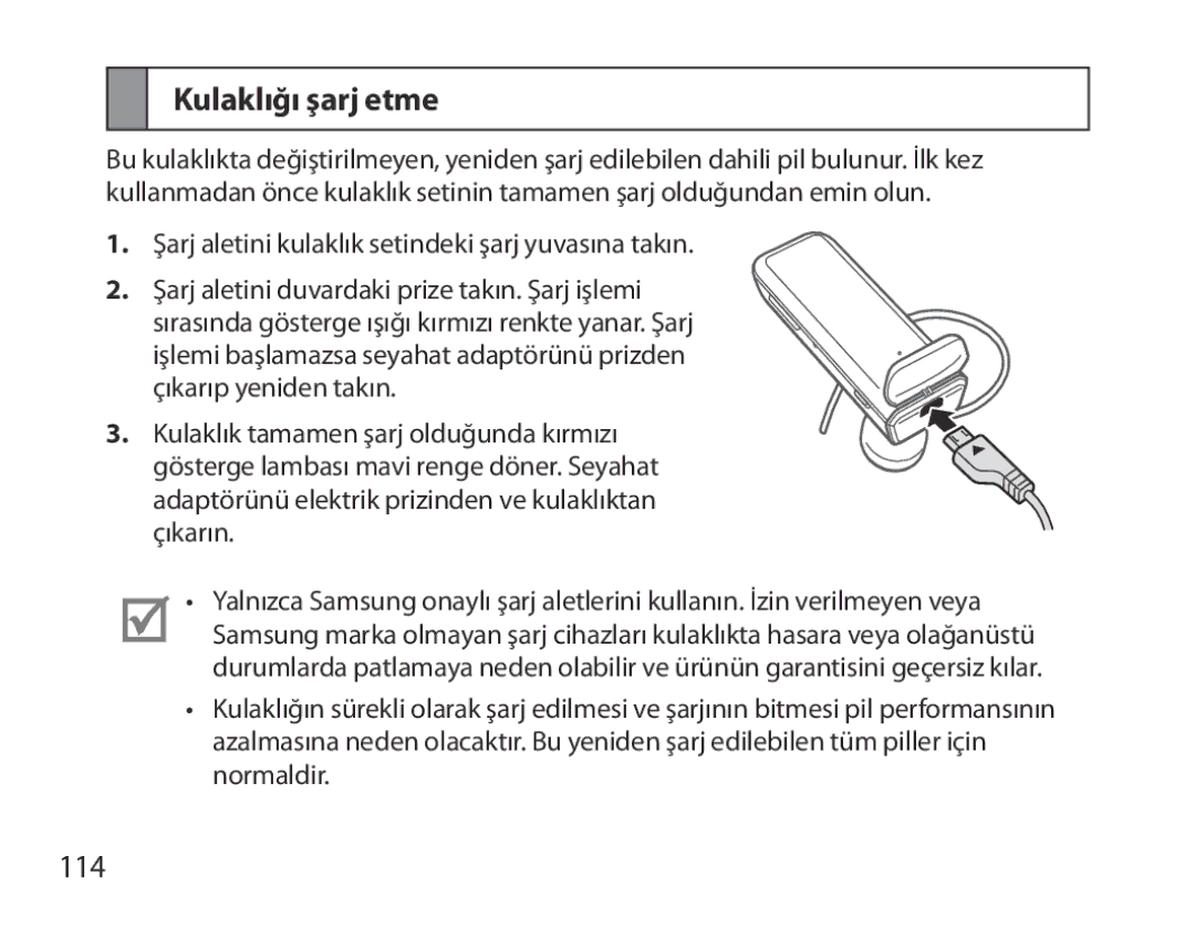 Samsung BHM3700EDECXEF, BHM3700EDEGXEF, BHM3700EDECXEH, BHM3700EDEGXEH, BHM3700EDRCSER manual Kulaklığı şarj etme, 114 