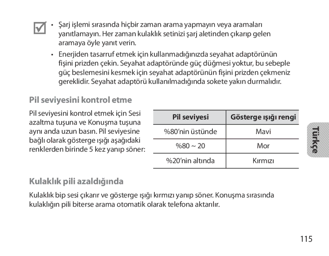 Samsung BHM3700EDECXEH, BHM3700EDEGXEF, BHM3700EDECXEF manual Pil seviyesini kontrol etme, Kulaklık pili azaldığında, 115 