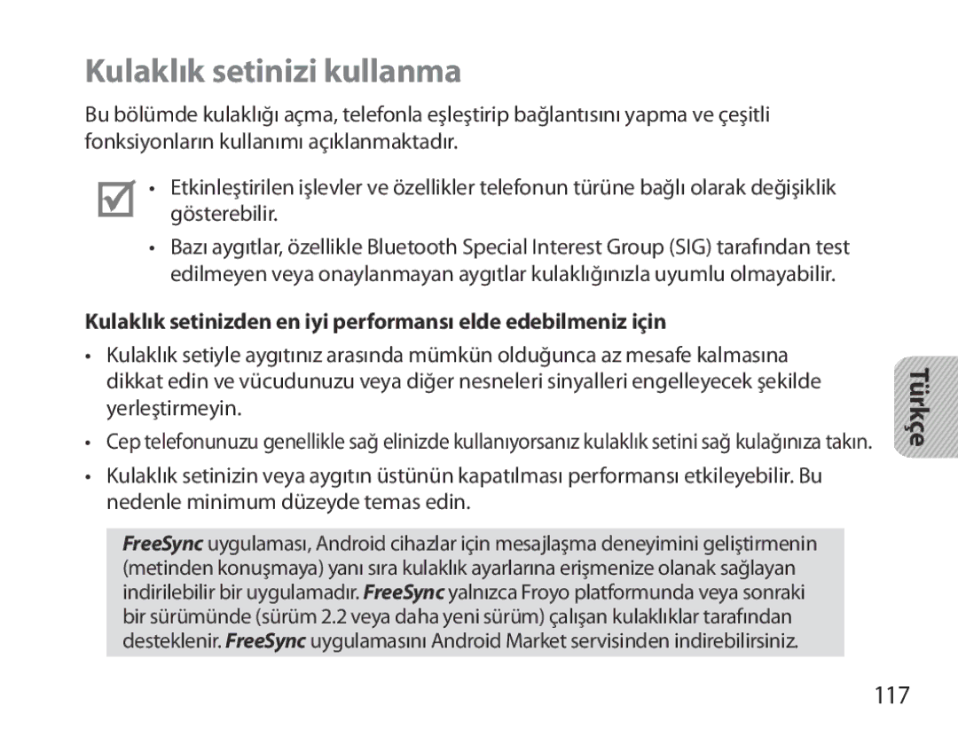 Samsung BHM3700EDRCSER, BHM3700EDEGXEF, BHM3700EDECXEF, BHM3700EDECXEH, BHM3700EDEGXEH manual Kulaklık setinizi kullanma, 117 