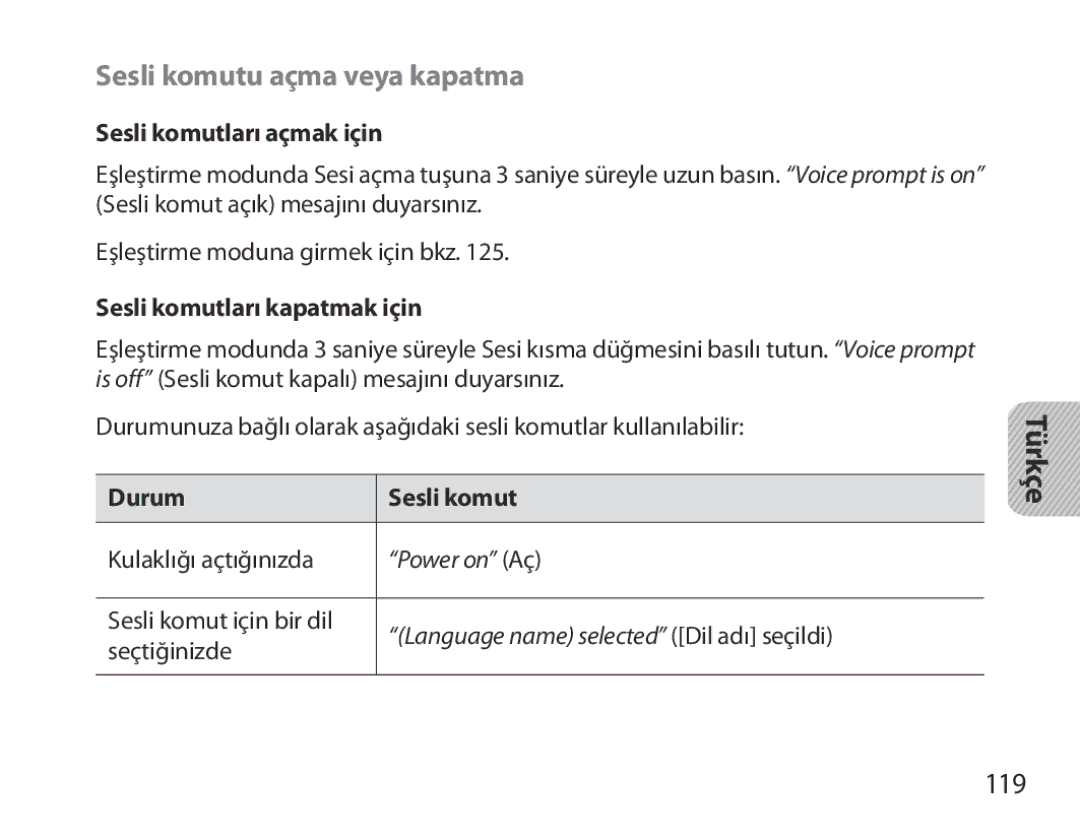 Samsung BHM3700EDECXEF Sesli komutu açma veya kapatma, 119, Sesli komutları açmak için, Sesli komutları kapatmak için 