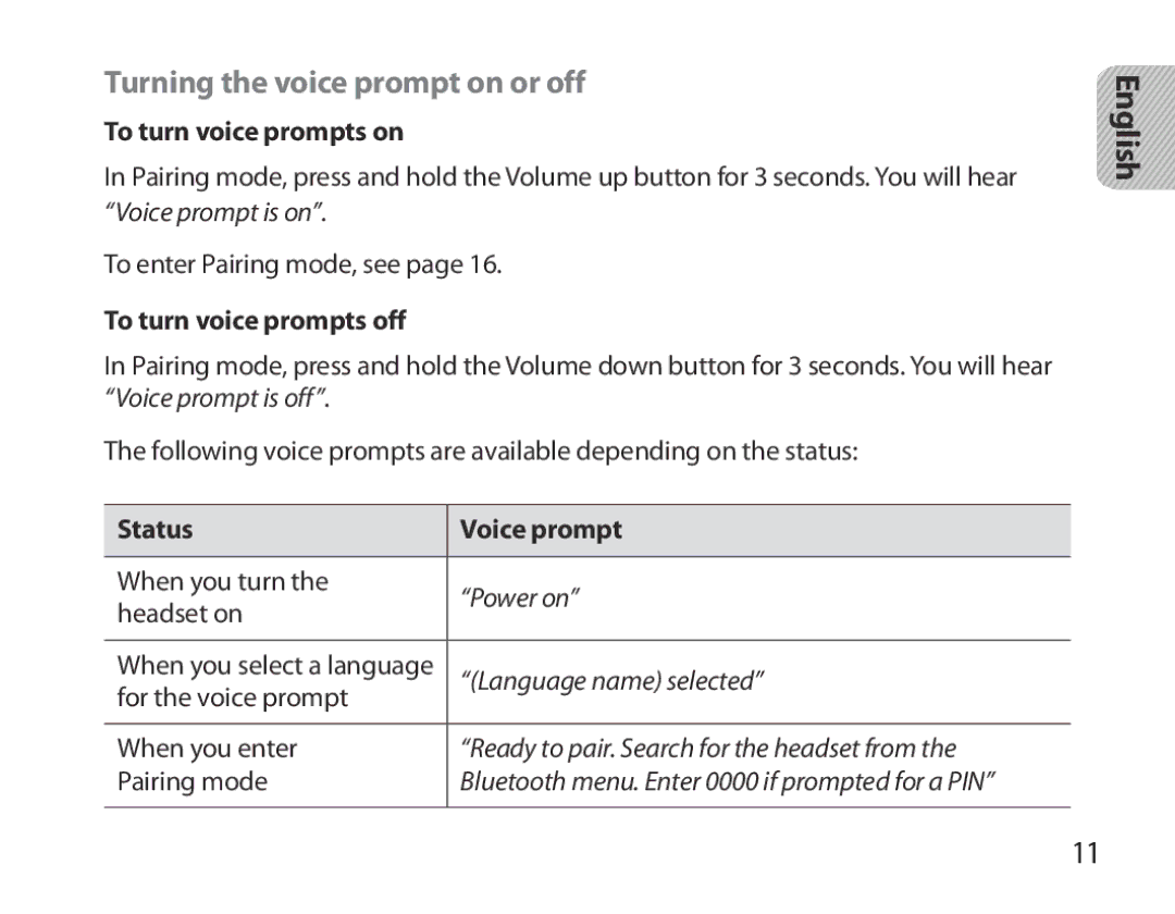 Samsung BHM3700EDEGXEH manual Turning the voice prompt on or off, To turn voice prompts on, To turn voice prompts off 