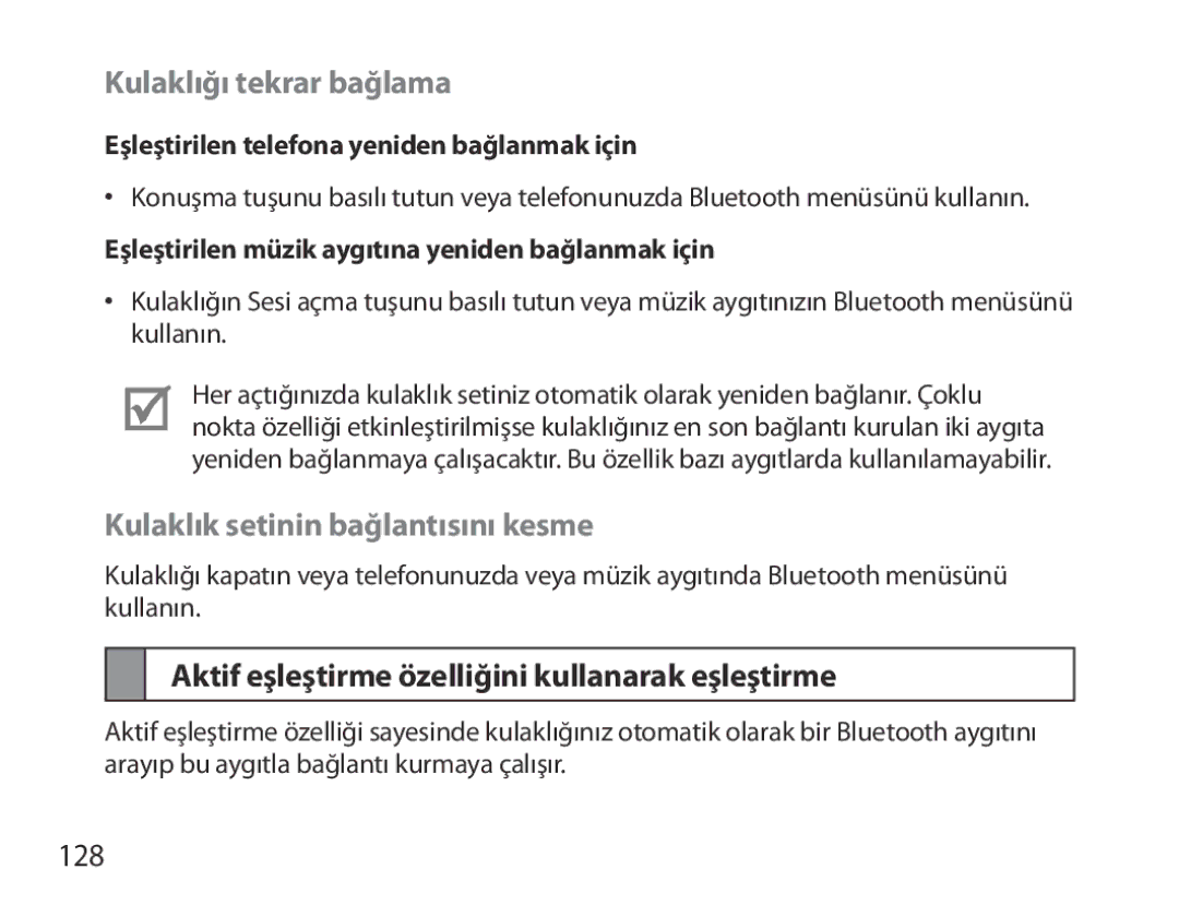 Samsung BHM3700EDEGXEF, BHM3700EDECXEF, BHM3700EDECXEH Kulaklığı tekrar bağlama, Kulaklık setinin bağlantısını kesme, 128 