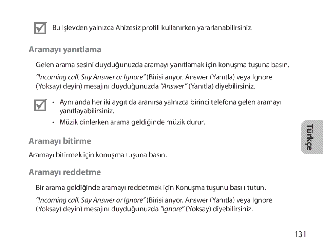 Samsung BHM3700EDEGXEH, BHM3700EDEGXEF, BHM3700EDECXEF manual Aramayı yanıtlama, Aramayı bitirme, Aramayı reddetme, 131 