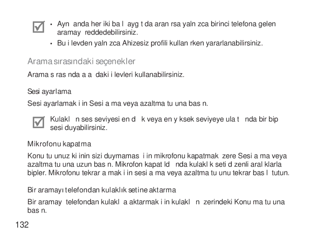 Samsung BHM3700EDRCSER, BHM3700EDEGXEF, BHM3700EDECXEF Arama sırasındaki seçenekler, 132, Sesi ayarlama, Mikrofonu kapatma 