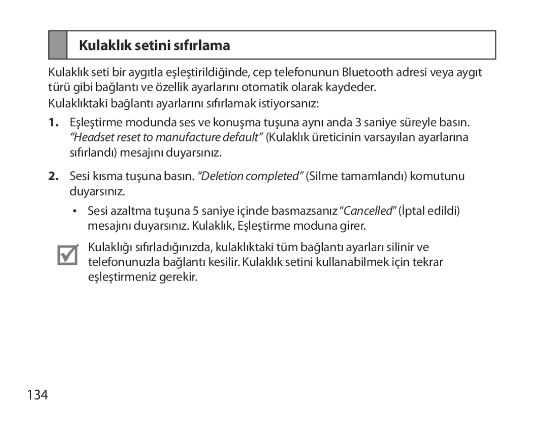 Samsung BHM3700EDECXEF, BHM3700EDEGXEF, BHM3700EDECXEH, BHM3700EDEGXEH, BHM3700EDRCSER manual Kulaklık setini sıfırlama, 134 