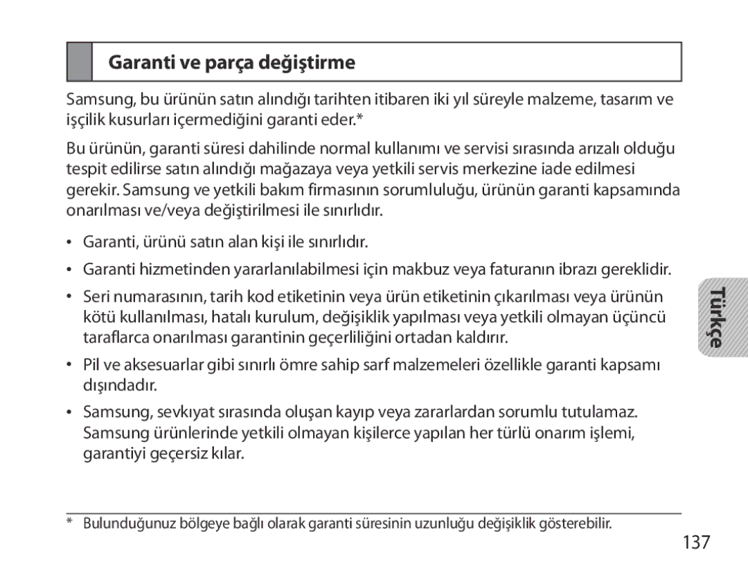 Samsung BHM3700EDRCSER, BHM3700EDEGXEF, BHM3700EDECXEF, BHM3700EDECXEH, BHM3700EDEGXEH manual Garanti ve parça değiştirme, 137 