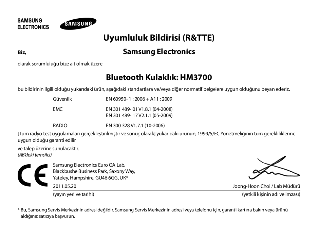 Samsung BHM3700EDEGXEH, BHM3700EDEGXEF, BHM3700EDECXEF, BHM3700EDECXEH Bluetooth Kulaklık HM3700, Uyumluluk Bildirisi R&TTE 