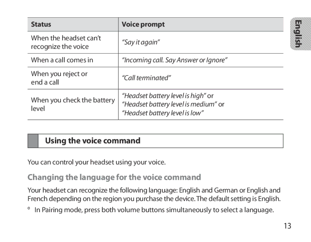 Samsung BHM3700EDEGXEF, BHM3700EDECXEF, BHM3700EDECXEH Using the voice command, Changing the language for the voice command 