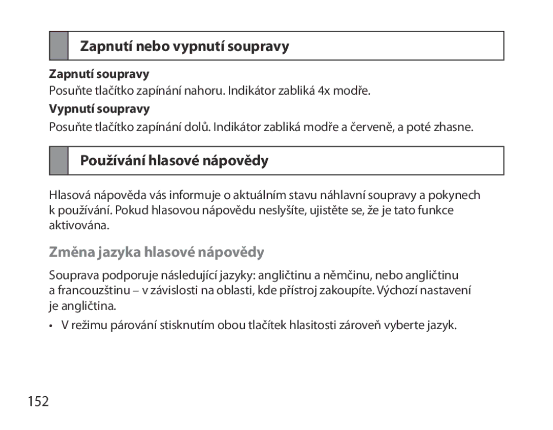 Samsung BHM3700EDRCSER manual Zapnutí nebo vypnutí soupravy, Používání hlasové nápovědy, Změna jazyka hlasové nápovědy, 152 