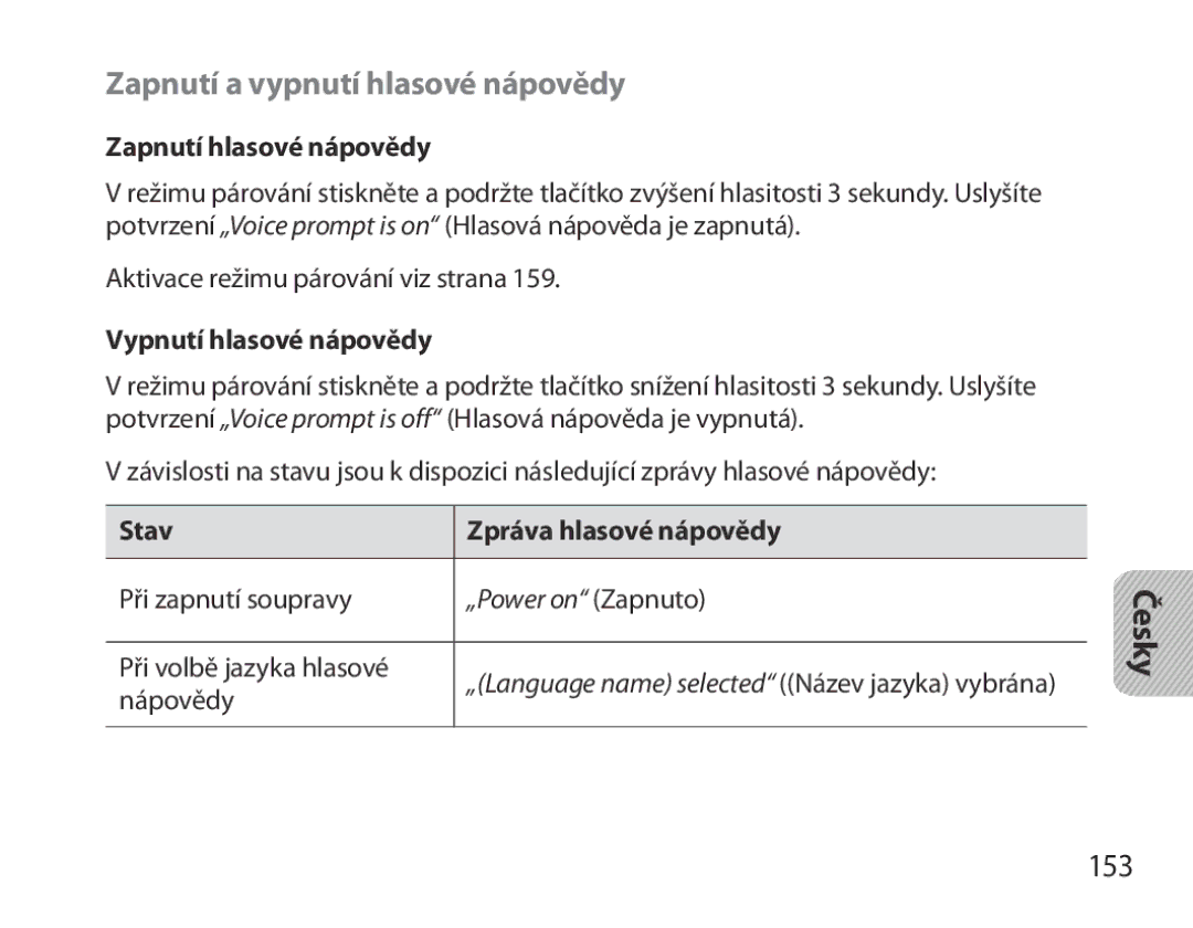 Samsung BHM3700EDEGXEF manual Zapnutí a vypnutí hlasové nápovědy, 153, Zapnutí hlasové nápovědy, Vypnutí hlasové nápovědy 