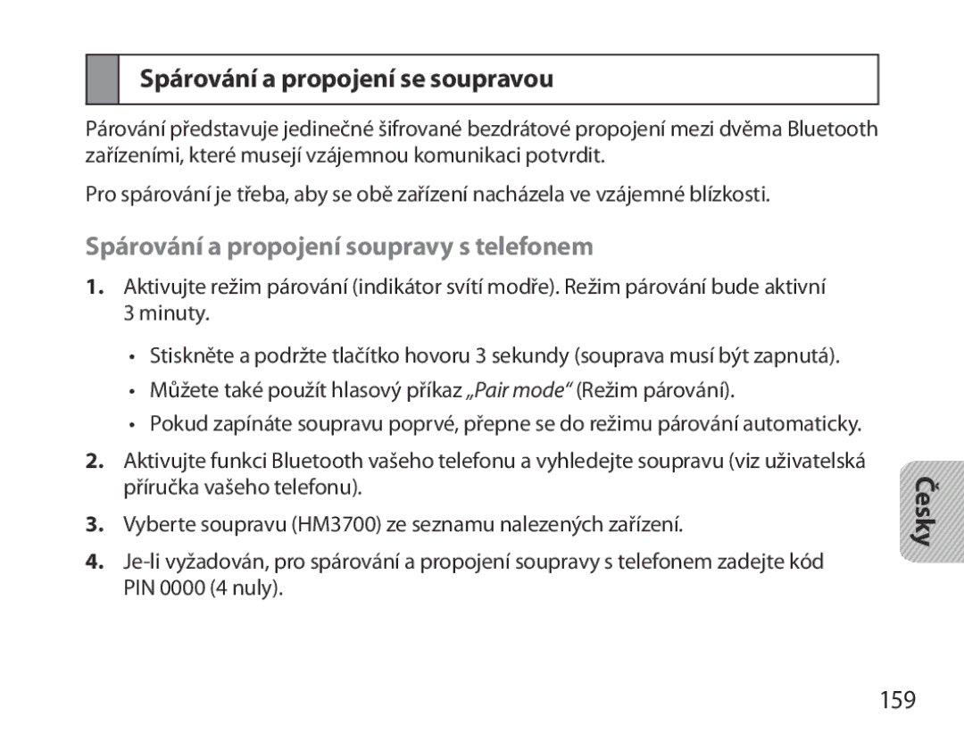 Samsung BHM3700EDECXEF, BHM3700EDEGXEF Spárování a propojení se soupravou, Spárování a propojení soupravy s telefonem, 159 