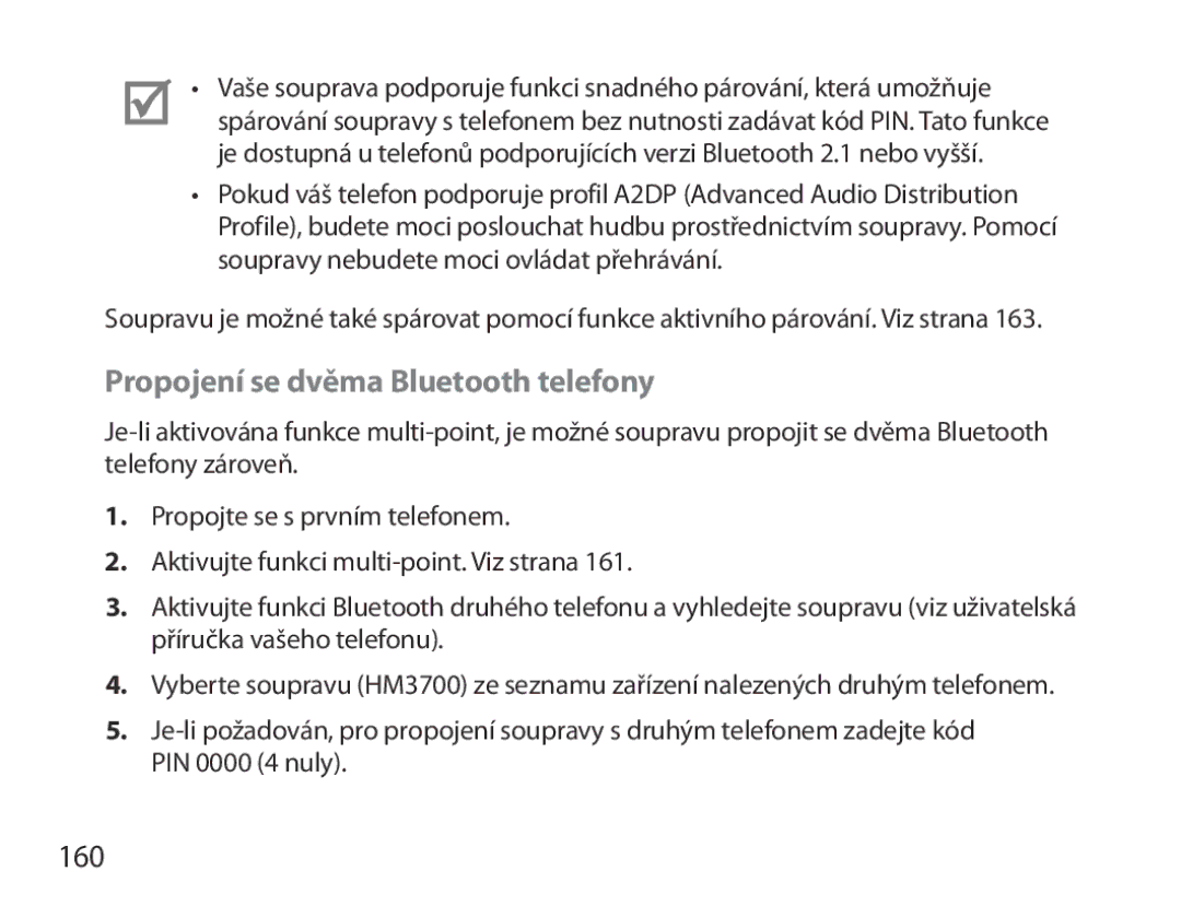 Samsung BHM3700EDECXEH, BHM3700EDEGXEF, BHM3700EDECXEF, BHM3700EDEGXEH manual Propojení se dvěma Bluetooth telefony, 160 