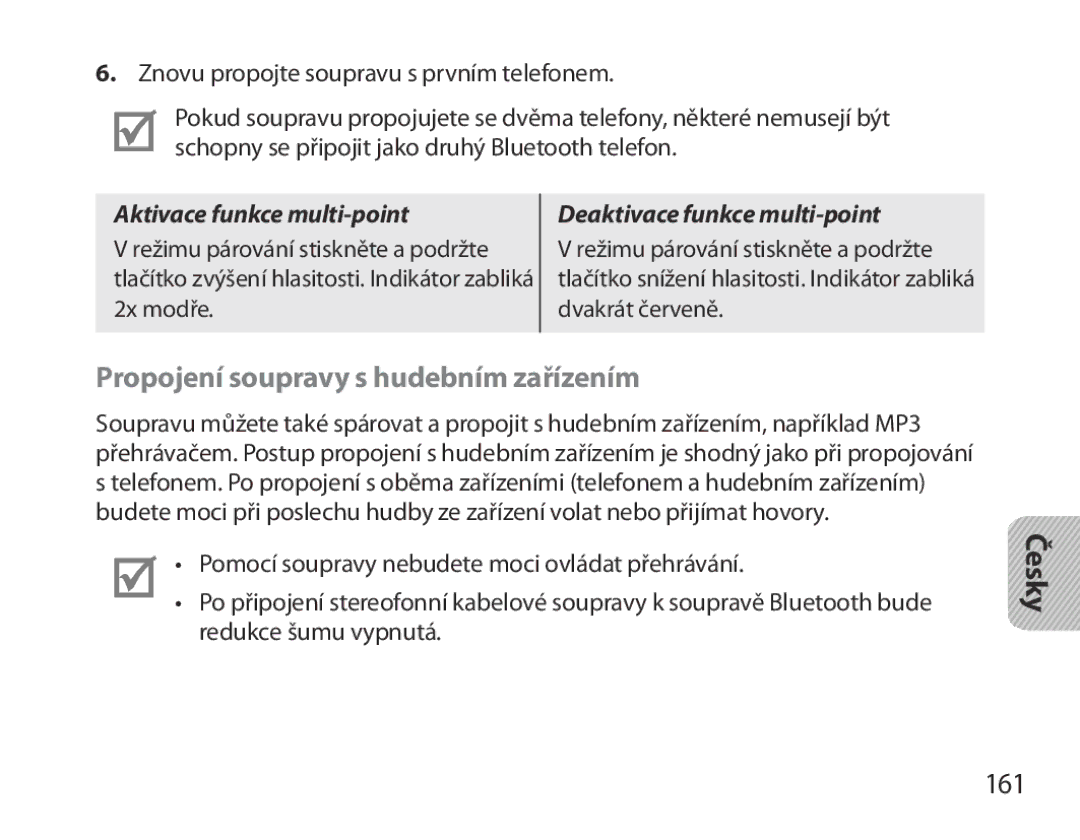 Samsung BHM3700EDEGXEH, BHM3700EDEGXEF manual Propojení soupravy s hudebním zařízením, 161, Aktivace funkce multi-point 