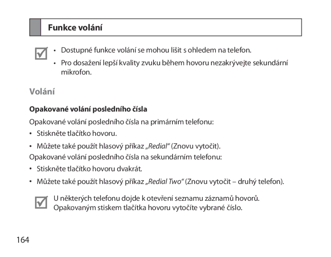 Samsung BHM3700EDECXEF, BHM3700EDEGXEF, BHM3700EDECXEH manual Funkce volání, Volání, 164, Opakované volání posledního čísla 