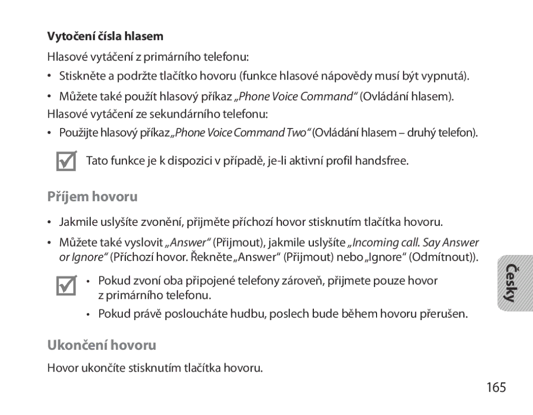 Samsung BHM3700EDECXEH, BHM3700EDEGXEF, BHM3700EDECXEF manual Příjem hovoru, Ukončení hovoru, 165, Vytočení čísla hlasem 