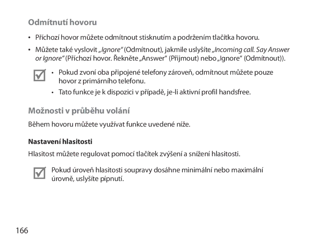 Samsung BHM3700EDEGXEH, BHM3700EDEGXEF manual Odmítnutí hovoru, Možnosti v průběhu volání, 166, Nastavení hlasitosti 