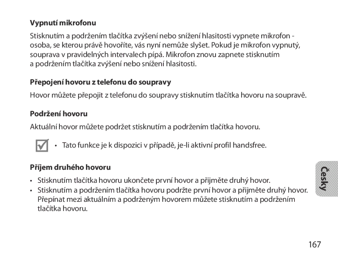 Samsung BHM3700EDRCSER, BHM3700EDEGXEF 167, Vypnutí mikrofonu, Přepojení hovoru z telefonu do soupravy, Podržení hovoru 
