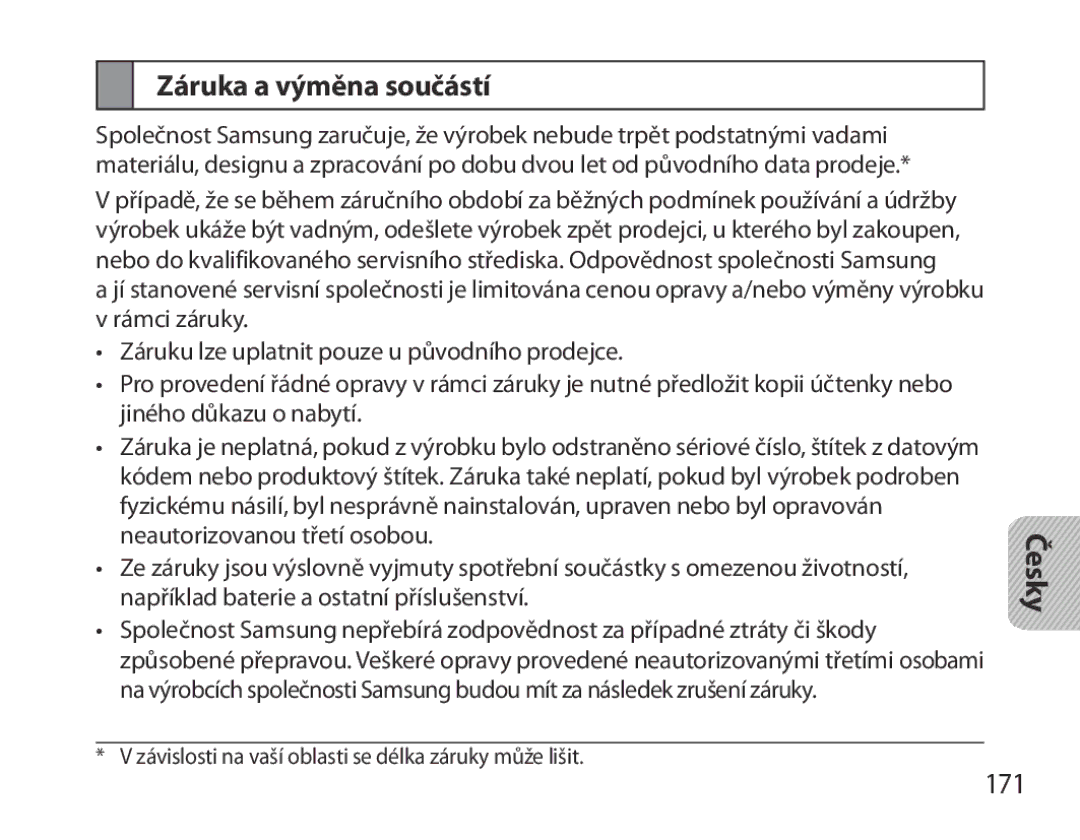 Samsung BHM3700EDEGXEH, BHM3700EDEGXEF, BHM3700EDECXEF, BHM3700EDECXEH, BHM3700EDRCSER manual Záruka a výměna součástí, 171 