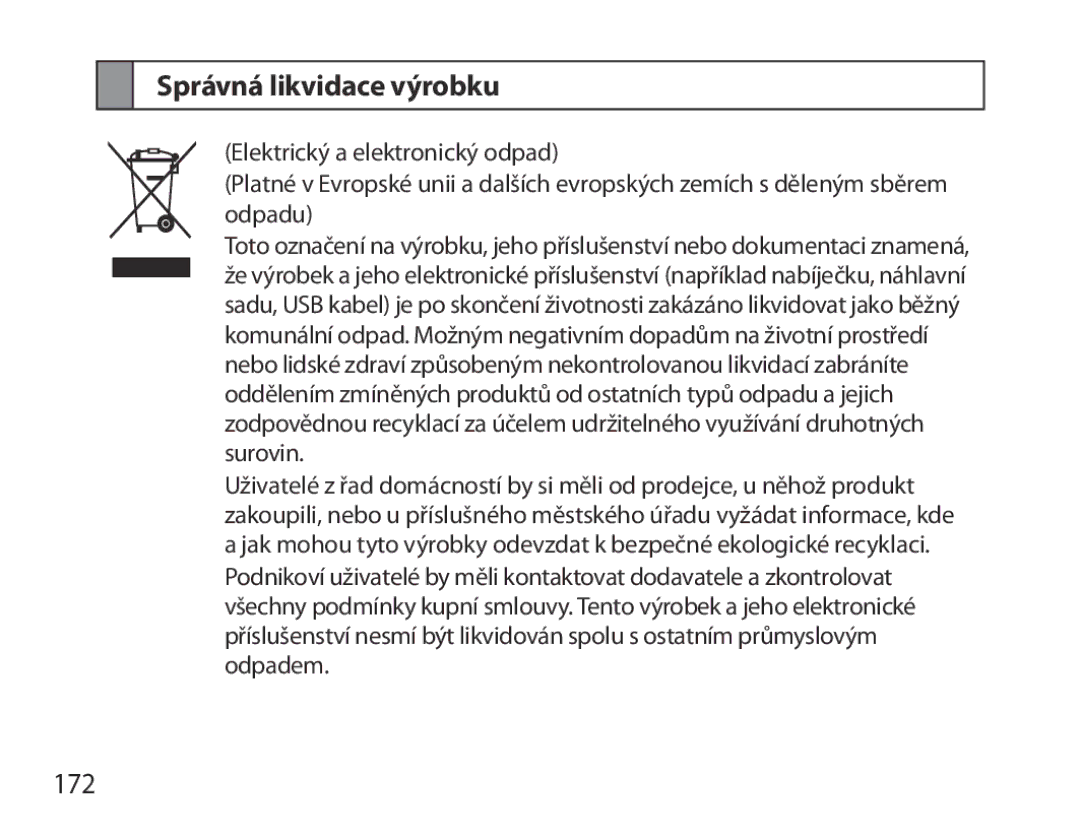 Samsung BHM3700EDRCSER, BHM3700EDEGXEF, BHM3700EDECXEF, BHM3700EDECXEH, BHM3700EDEGXEH manual Správná likvidace výrobku, 172 