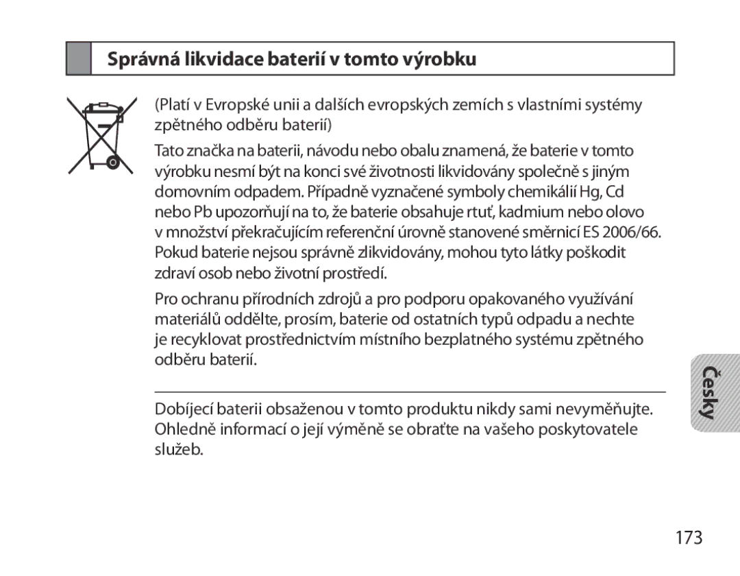 Samsung BHM3700EDEGXEF, BHM3700EDECXEF, BHM3700EDECXEH, BHM3700EDEGXEH manual Správná likvidace baterií v tomto výrobku, 173 