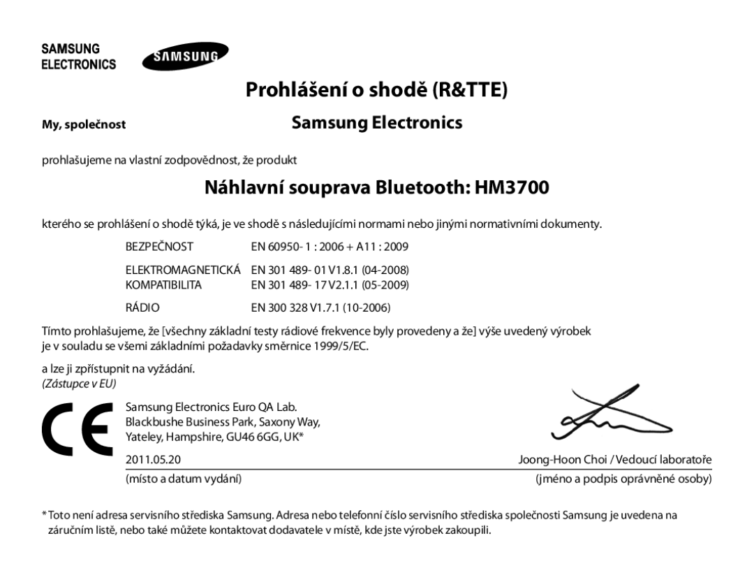 Samsung BHM3700EDECXEH, BHM3700EDEGXEF, BHM3700EDECXEF manual Náhlavní souprava Bluetooth HM3700, Prohlášení o shodě R&TTE 