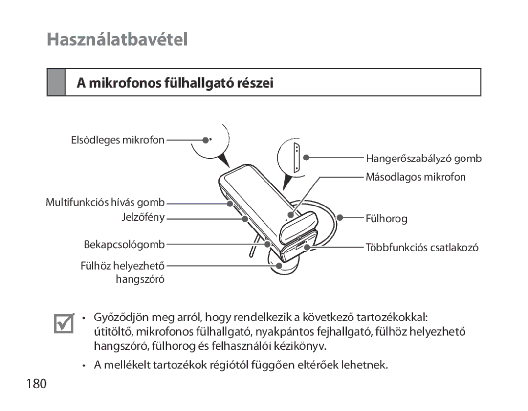 Samsung BHM3700EDECXEH, BHM3700EDEGXEF, BHM3700EDECXEF, BHM3700EDEGXEH Használatbavétel, Mikrofonos fülhallgató részei, 180 