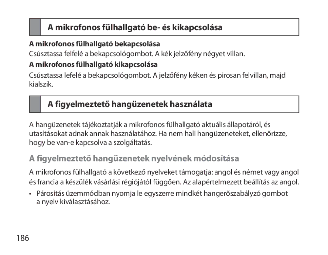 Samsung BHM3700EDEGXEH manual Mikrofonos fülhallgató be- és kikapcsolása, Figyelmeztető hangüzenetek használata, 186 